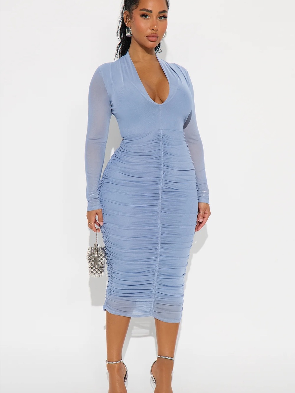 Fashion Nova Light Blue Ruched V-Neck Long Sleeve Midi Dress
